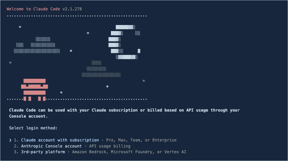 Claude Code in a new configuration directory: the version 2.1.278 welcome screen and the list of login methods — Claude account with subscription, Anthropic Console account, third-party platform