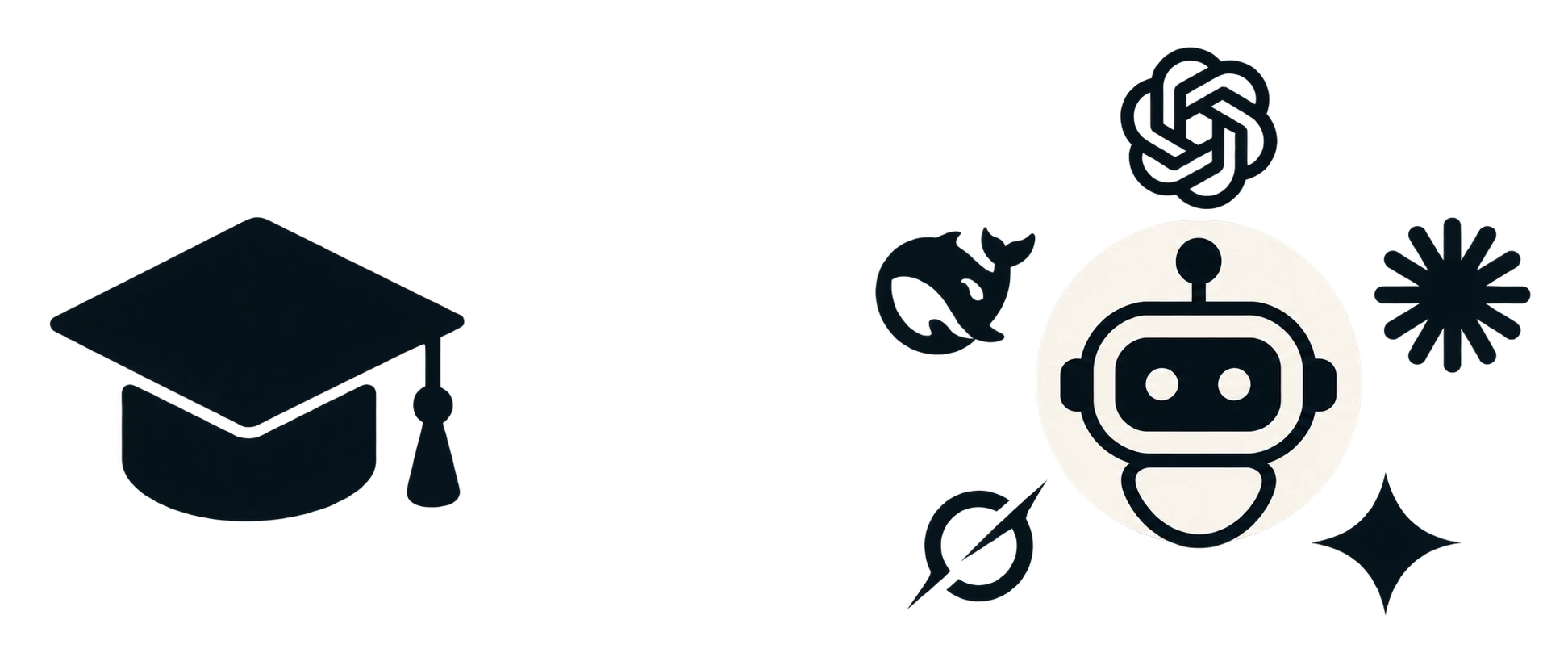 On the left, a graduation cap; on the right, a robot icon surrounded by the logos of AI services